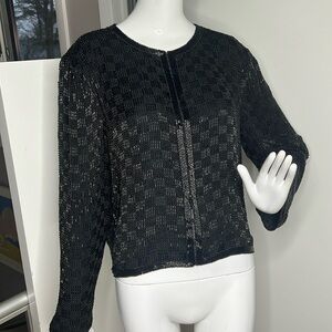 Scala Sz XL Black Fully Beaded Cardigan Jacket Blouse Silk Lined Made in India
